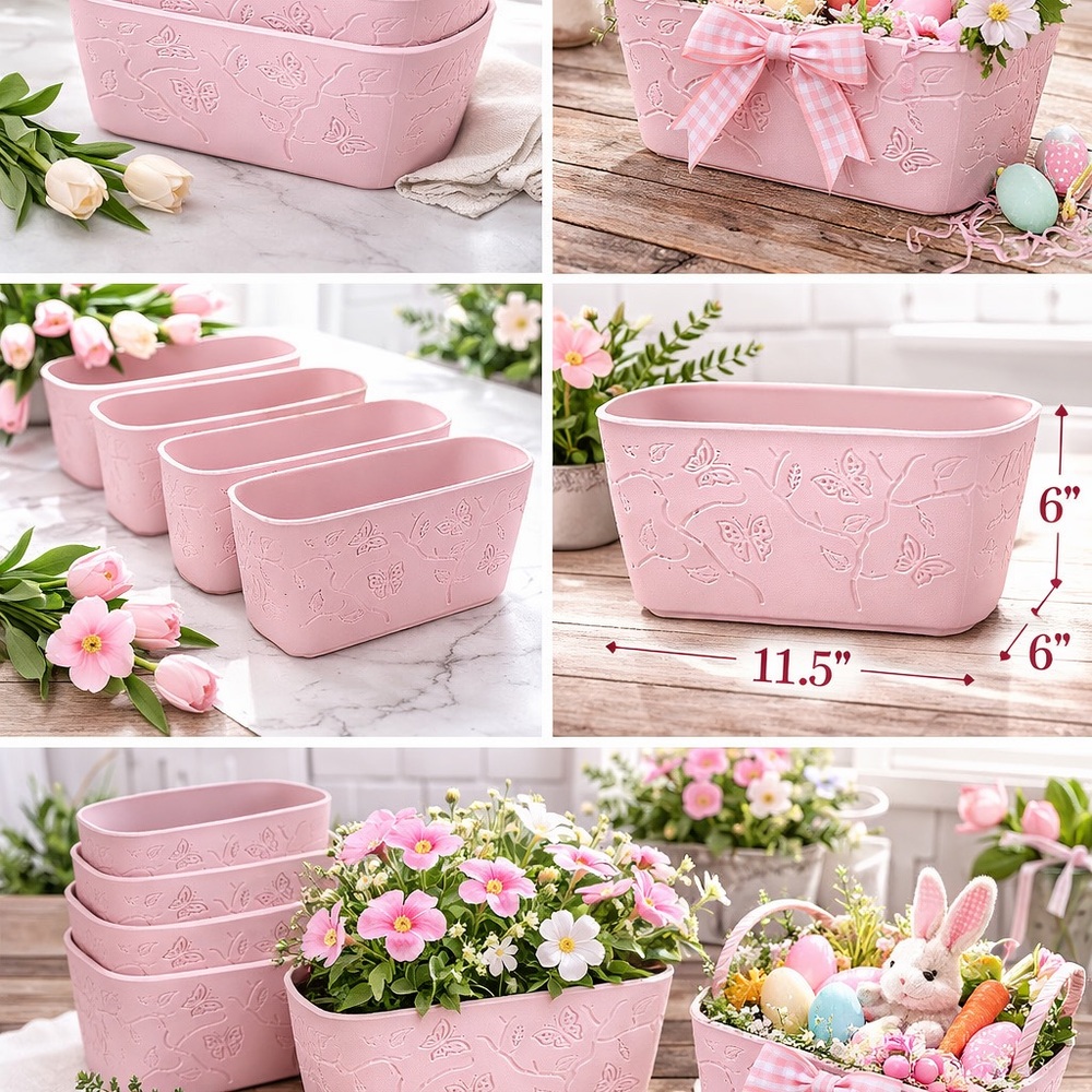 Set of 4 Pink Nesting Butterfly Planters Spring Decor 11.5” Easter Basket alt.